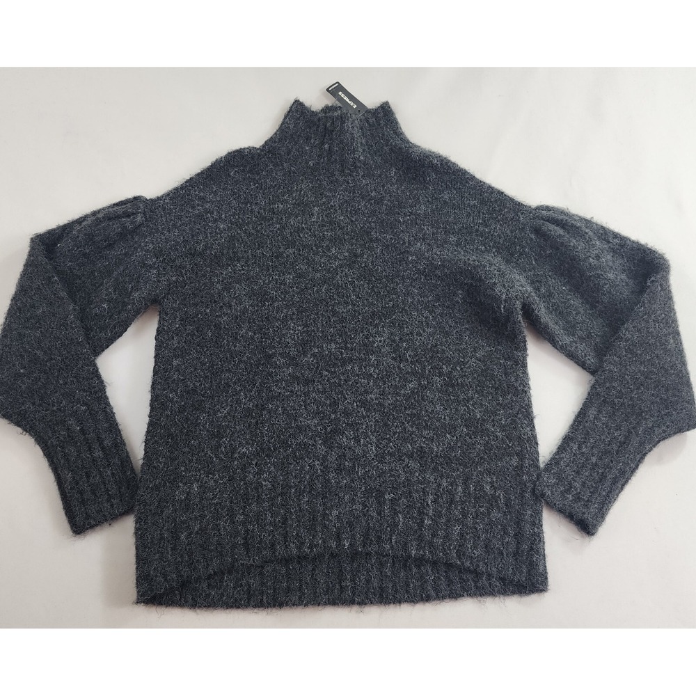 Express Sweater Womens XS Grey High Neck Puff Sleeve Pullover 27340165 NEW